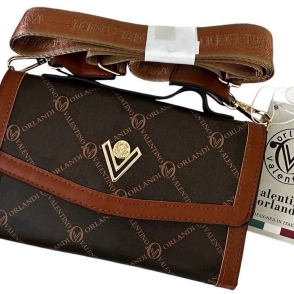 Valentino Orlandi Brown and Cognac Logo Crossbody Bag